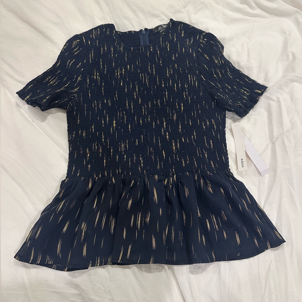 Aqua Womens Printed Smocked Peplum Top size M - Picture 2 of 4